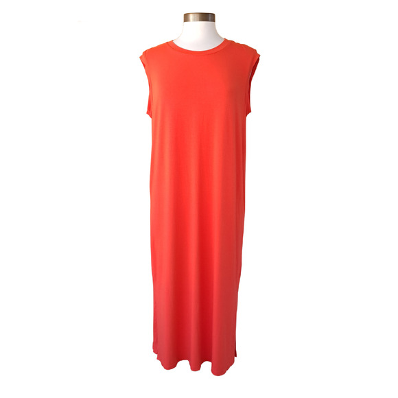 Eileen Fisher Orange Sleeveless Midi Dress Crewneck Shift Size Medium - Picture 3 of 9